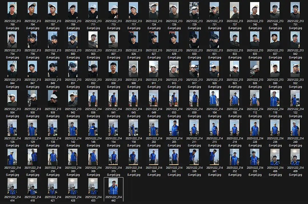 The first 96 self portrait training photos, covering every combination of glasses, vest, and cap